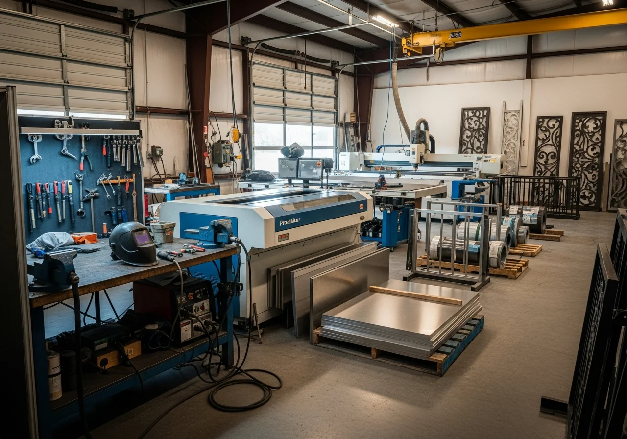 Sheet metal fabrication shop floor with welding equipment, laser cutters, and water jet machinery ready for custom metal work.