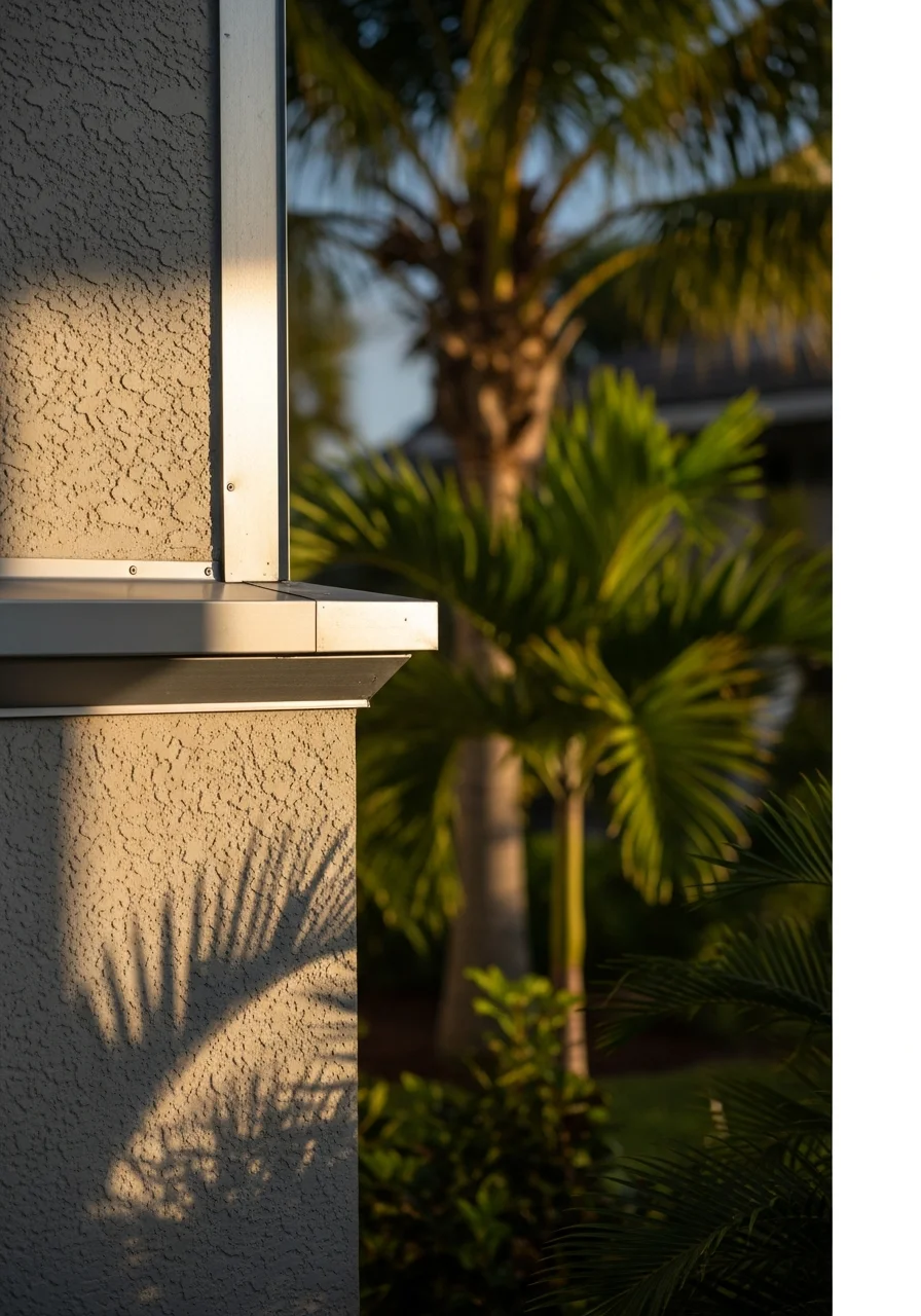 Detail of a Jupiter home's exterior showing salt-resistant finishes and tropical landscaping near the water.