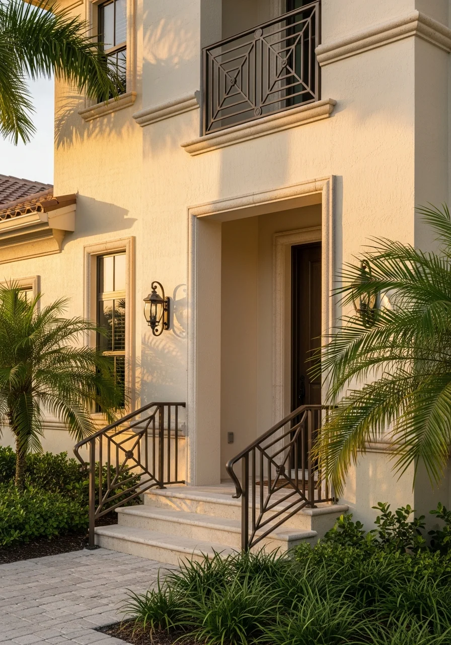 Close-up of a Palm Beach Gardens home's entrance showing refined landscaping and premium exterior finishes.