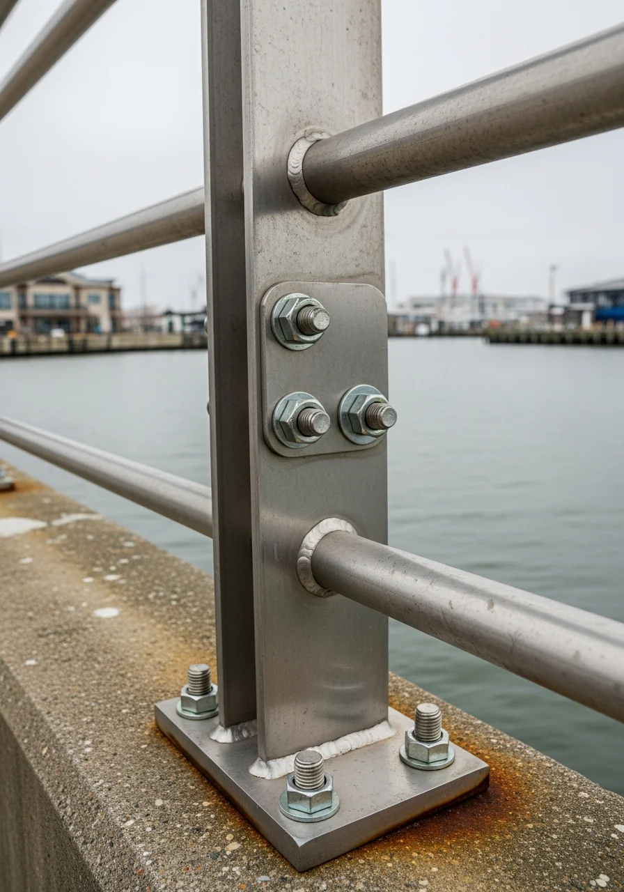 Close-up of weathered marine-grade railing and corrosion-resistant fixtures on a Sewells Point waterfront property.