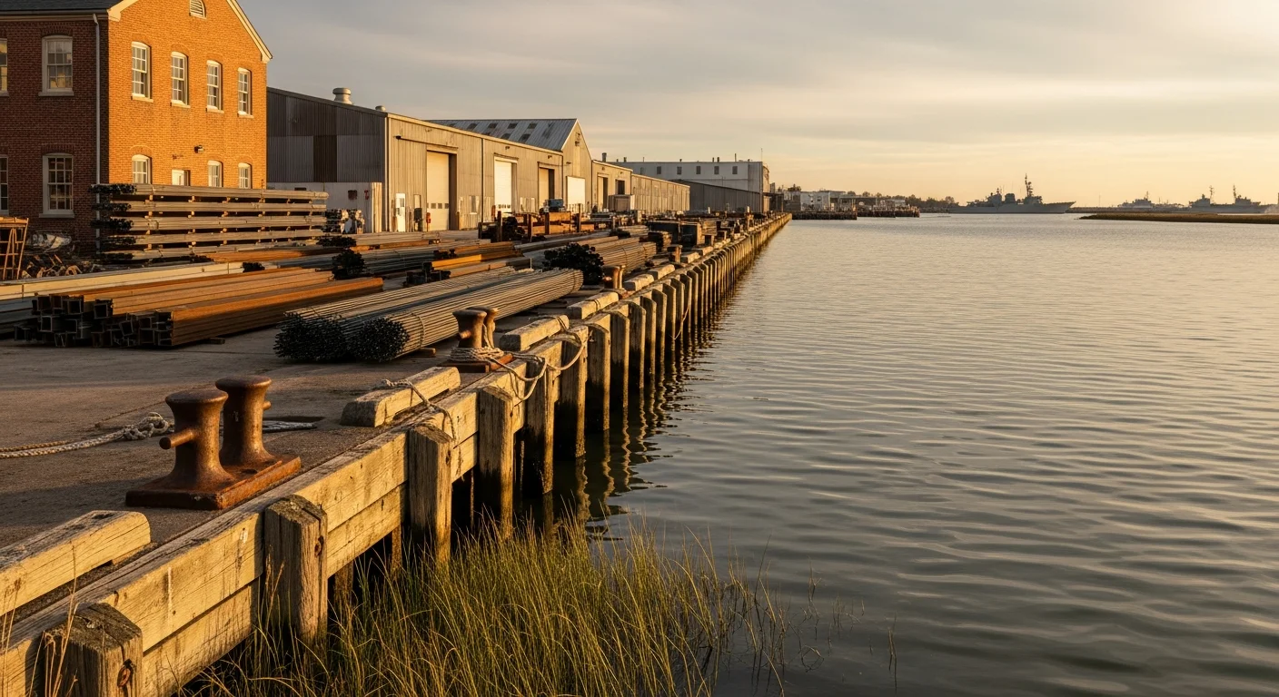 Waterfront homes and commercial docks along Sewells Point with calm harbor waters and naval vessels in the distance.