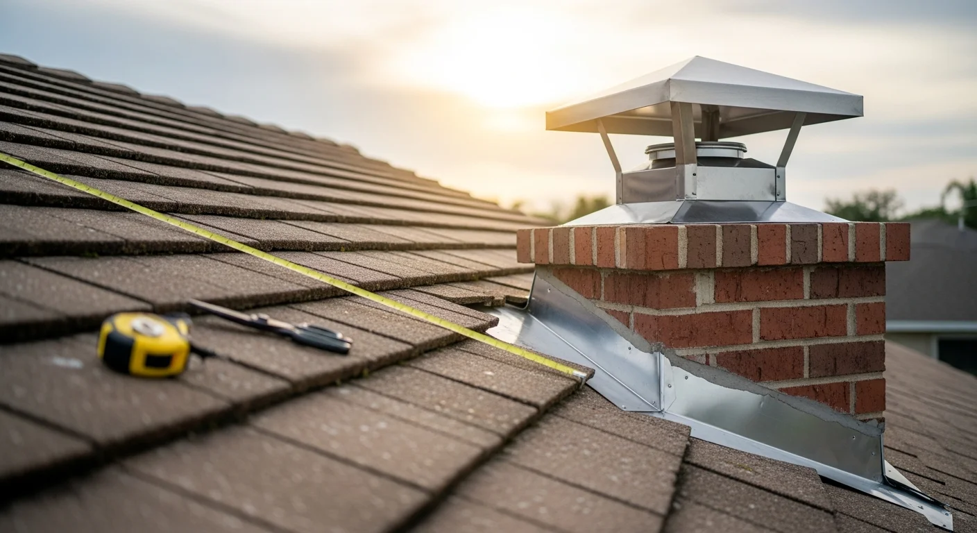 A custom sheet metal chimney cap installed on a brick chimney at a residential home in Sewells Point, Norfolk, Virginia. The cap sits flush over the flue opening with visible mesh sides and a flat metal lid.