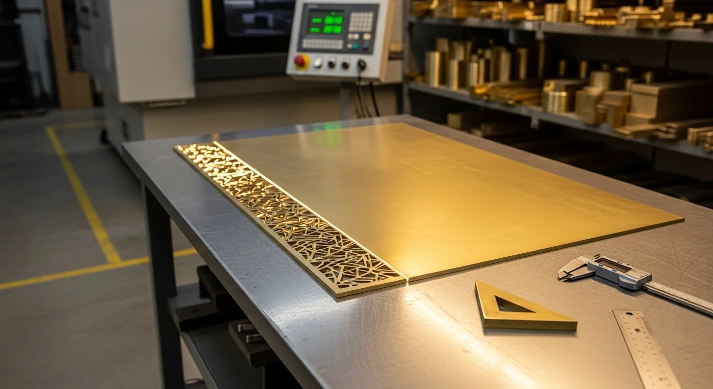 Custom brass sheet metal parts fabricated by A&J Sheetmetal, including trim pieces and nameplates, arranged on a work surface at a Norfolk fabrication shop. Close-up view shows clean laser-cut edges and a polished brass finish suited for coastal commercial and residential applications near Sewells Point.