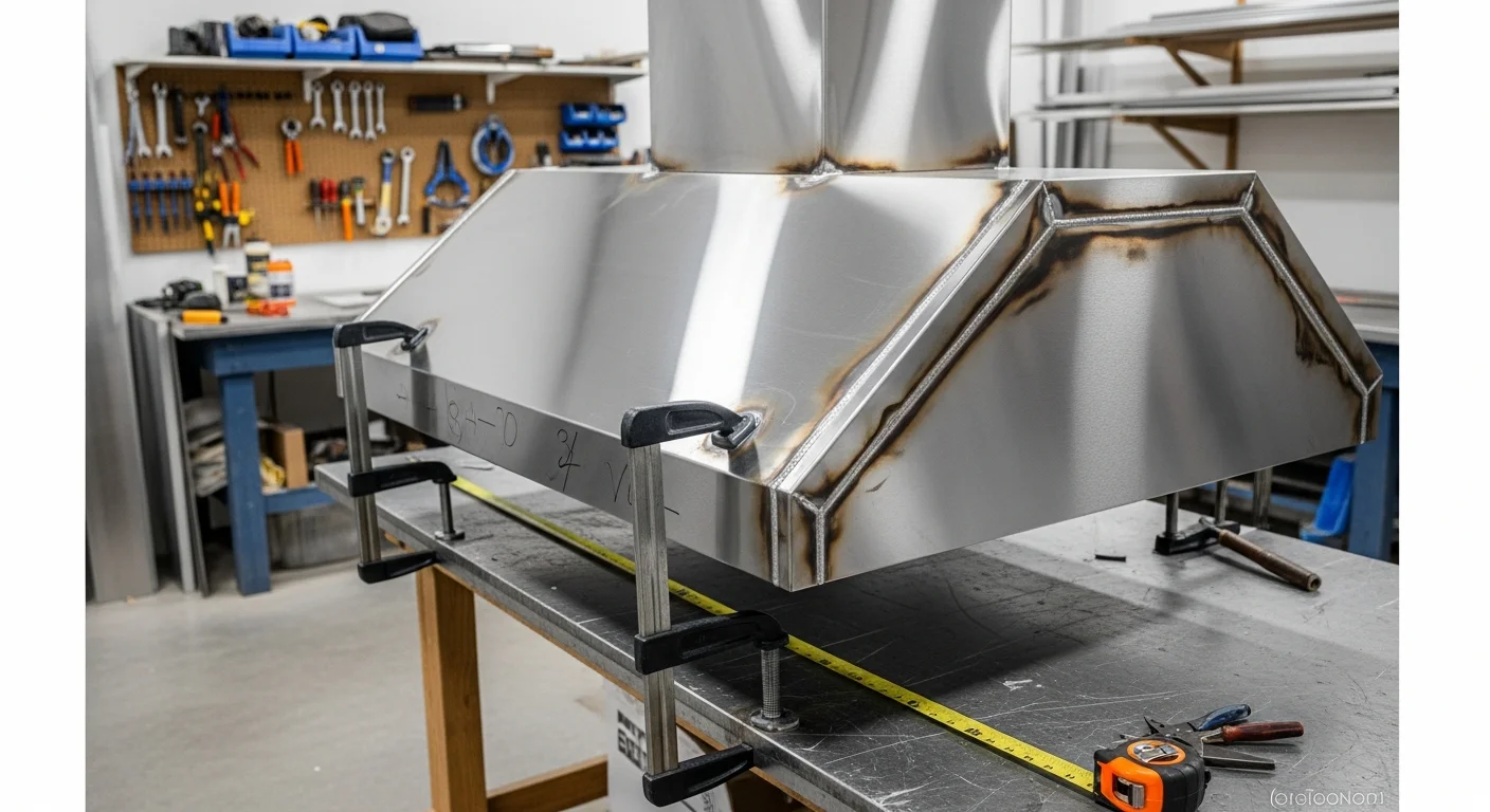 A custom sheet metal kitchen hood installed above a residential range in a Sewells Point, Norfolk home. The hood is fitted flush to the surrounding cabinetry with clean seams and a smooth metal finish.
