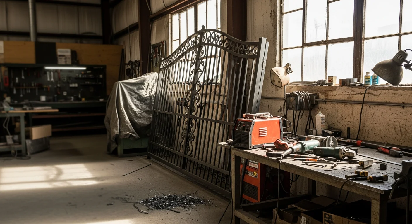 A custom fabricated metal swing gate installed at the driveway entrance of a residential property in Sewells Point, Norfolk, Virginia. The gate features welded steel construction with a protective finish suited for the area's coastal environment.
