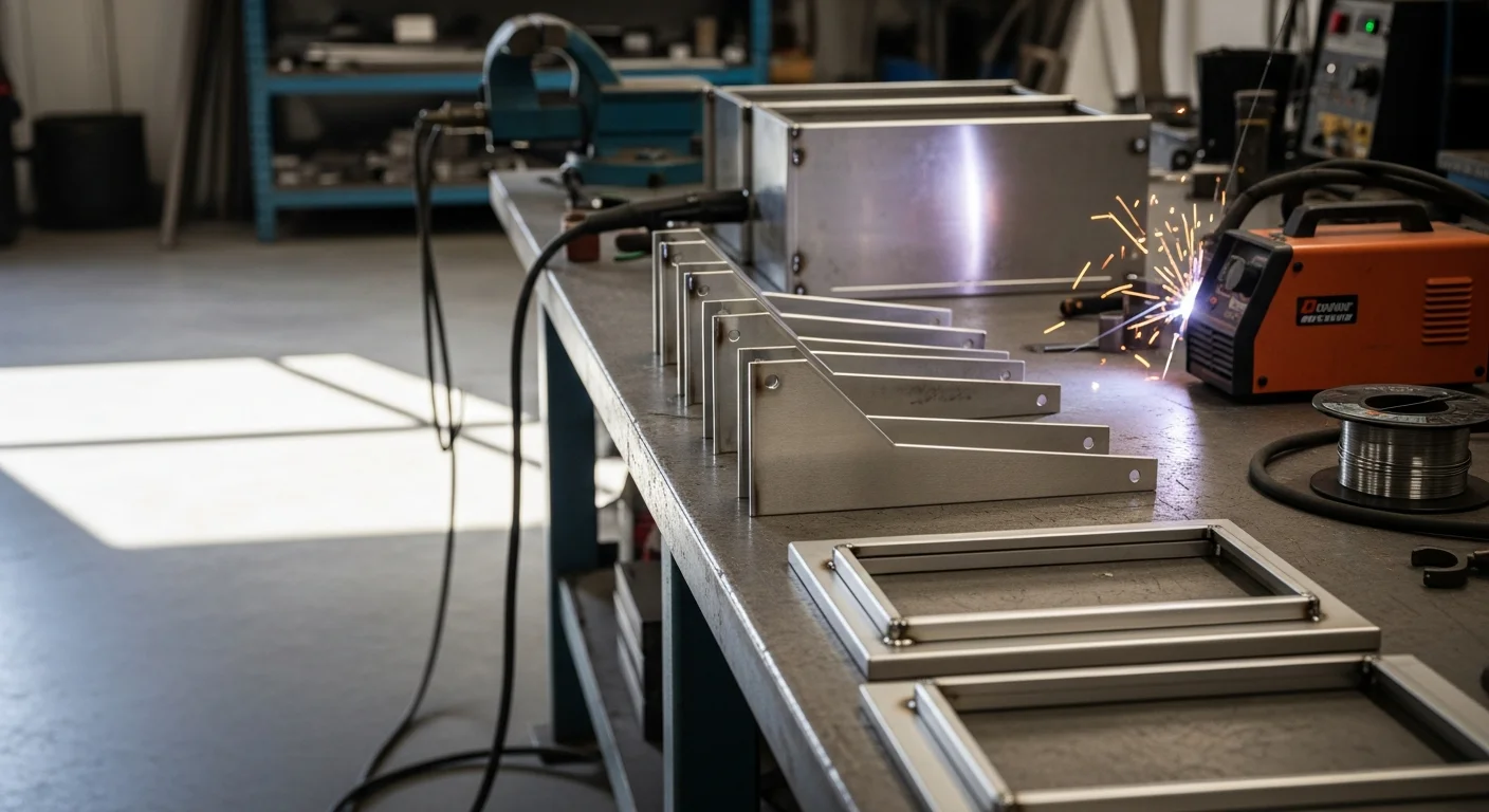A finished custom sheet metal bracket and enclosure assembly fabricated by A&J Sheetmetal, staged on a workbench in a Norfolk sheet metal shop. Clean weld seams and formed edges are visible, showing tight-tolerance fabrication suited for coastal commercial installation.