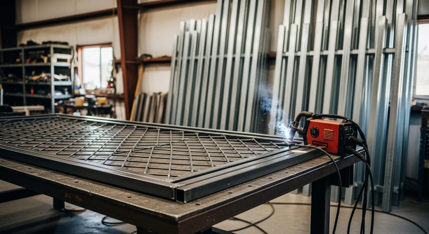 Custom fabricated mechanical metal fencing installed at a commercial property in Sewells Point, Norfolk, Virginia. Welded steel panels with a powder-coat finish form a straight perimeter boundary along the property line.