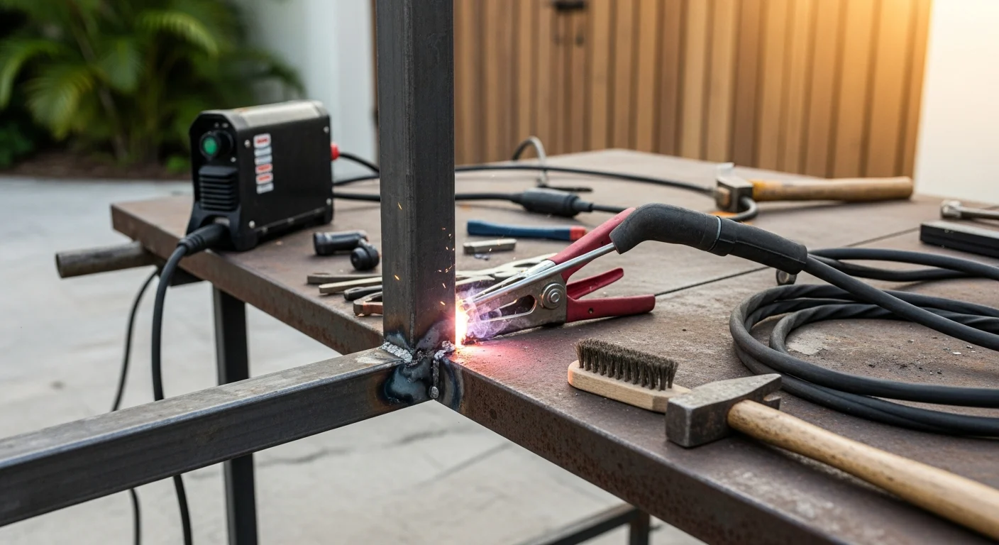 A welder repairing a cracked metal gate post at a residential property in Sewells Point, Norfolk, with visible weld beads along the repaired joint. The coastal setting shows weathered metal typical of the Hampton Roads waterfront area.