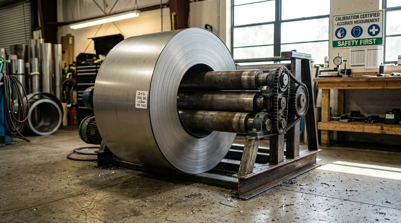A curved sheet metal component freshly rolled to a cylindrical profile at A&J Sheetmetal's fabrication shop serving Sewells Point and Palm Beach County. The rolled metal piece shows a clean, uniform arc ready for installation on a coastal residential project.
