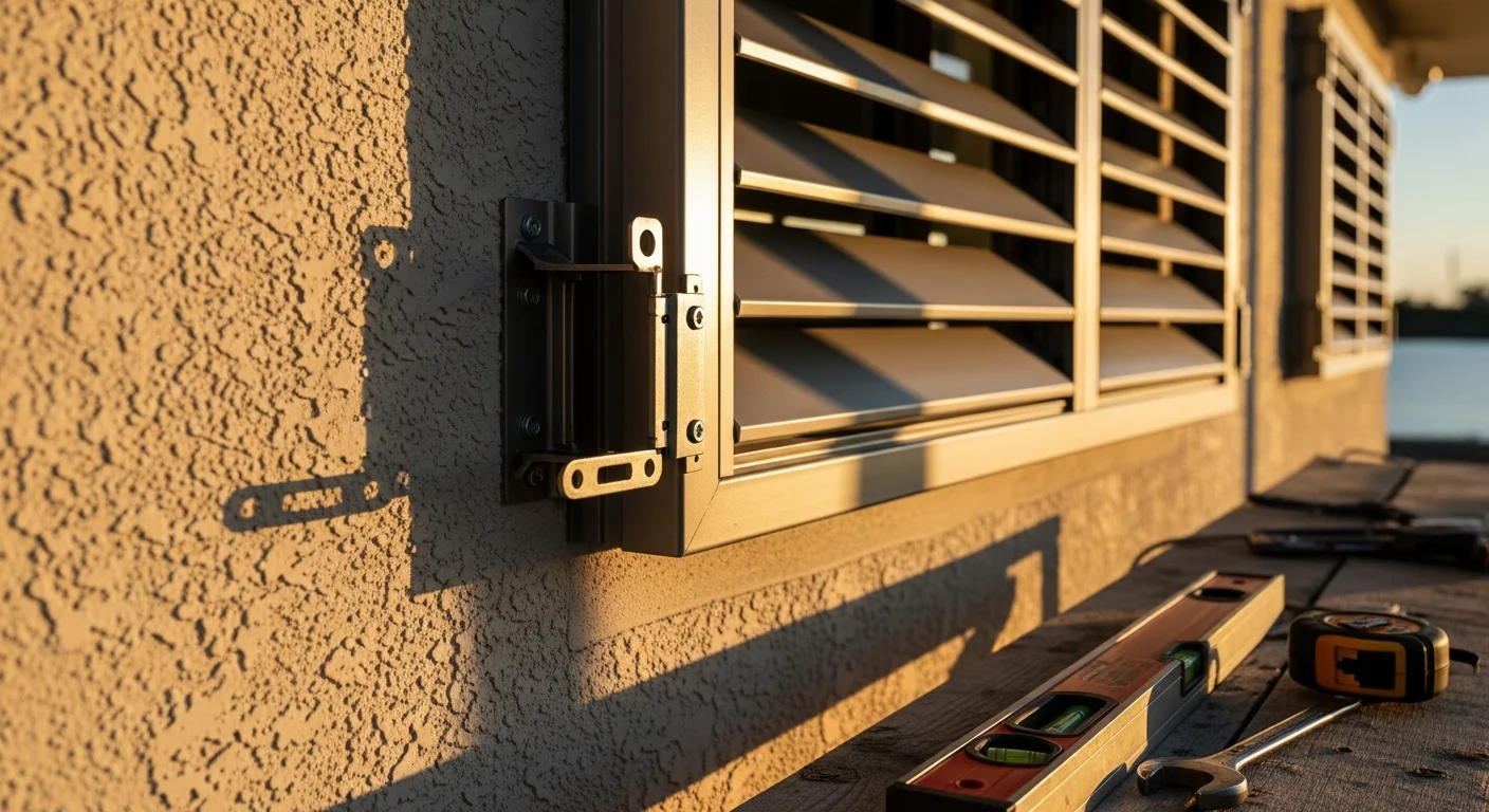 Fabricated metal shutters installed over the windows of a residential property in Sewells Point, Norfolk, Virginia. The shutters are closed and fitted flush against the exterior wall, with Willoughby Bay visible in the background.