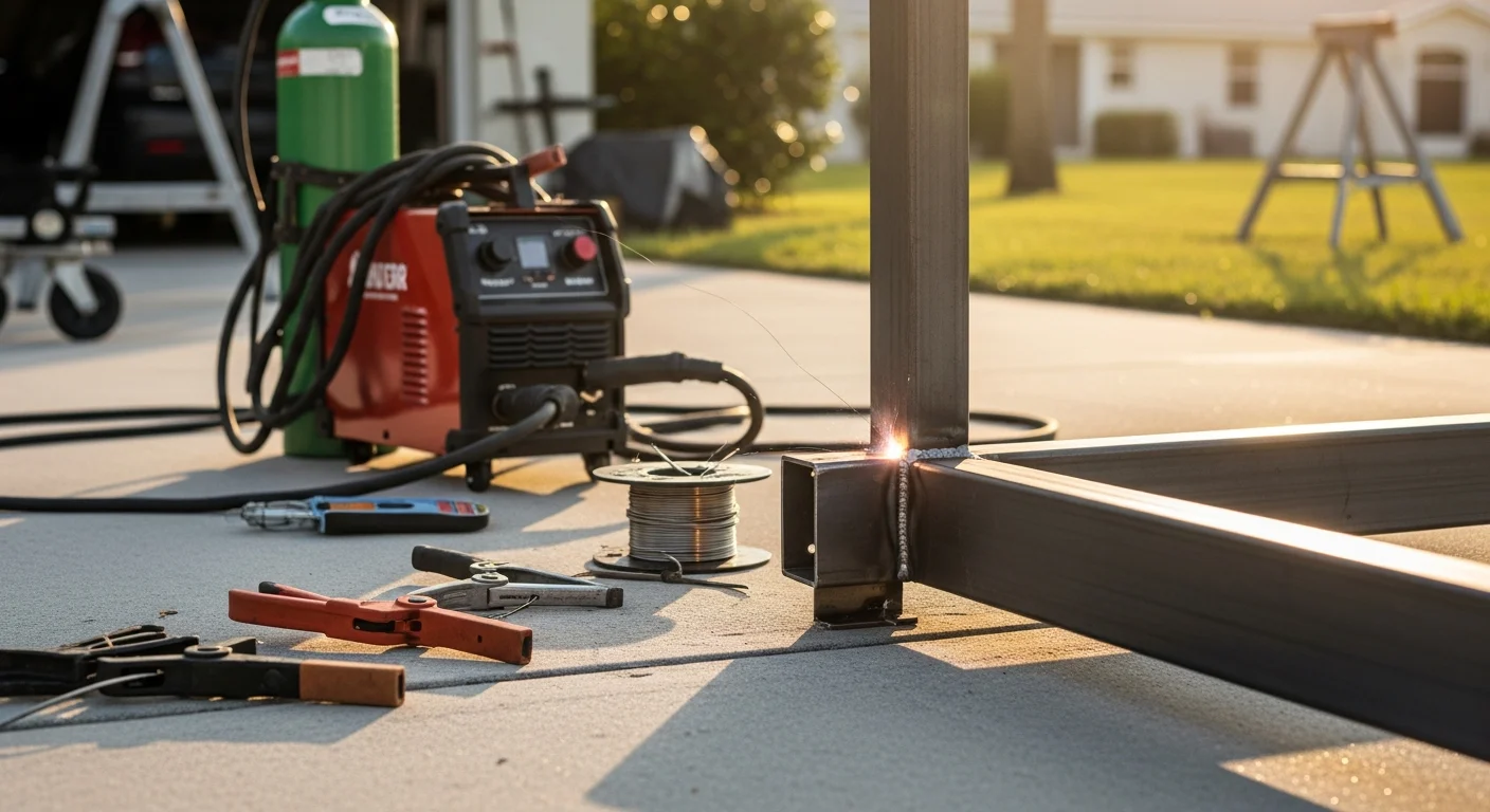 A welder in full protective gear performing an onsite weld on a metal gate post at a residential property in Sewells Point, Norfolk. Bright weld sparks are visible against a coastal outdoor background with visible weathering on the surrounding metal framework.