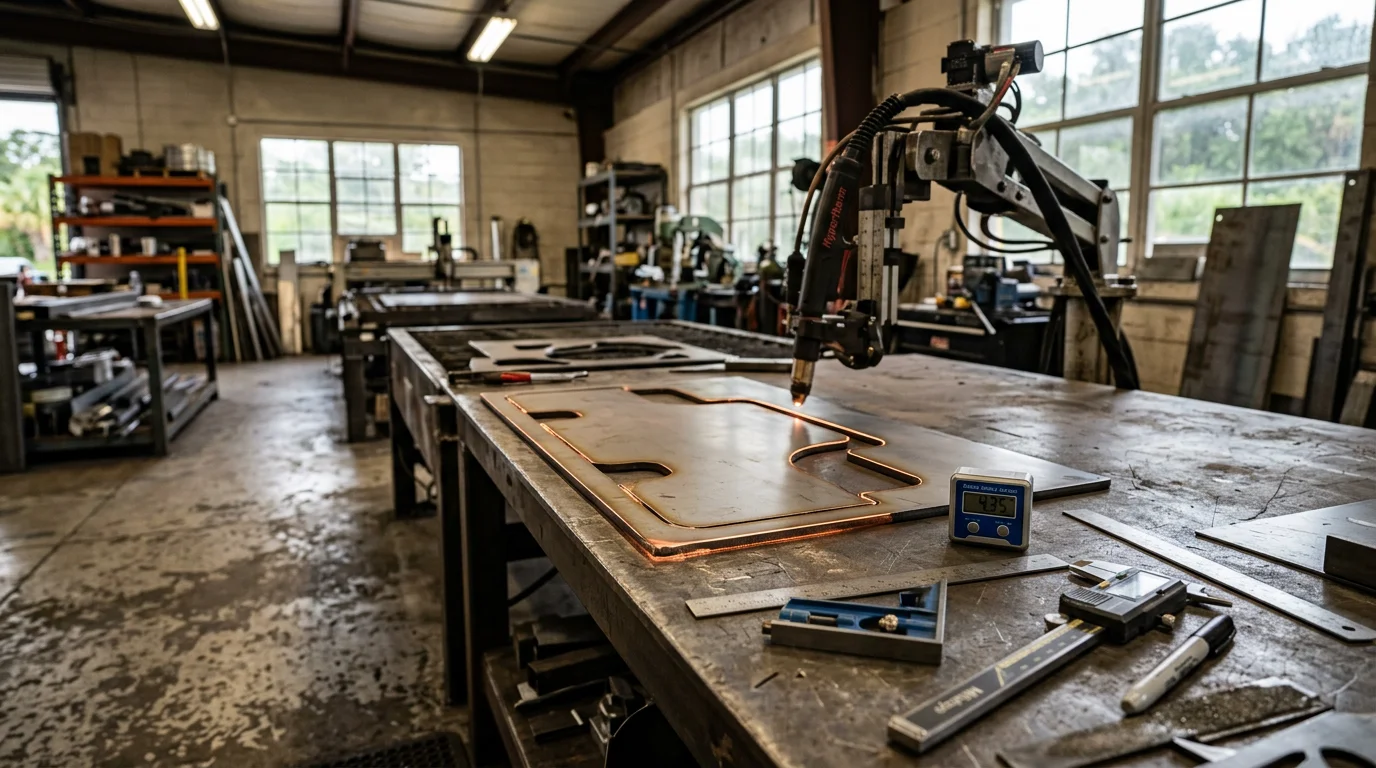 A sheet metal panel with clean plasma-cut edges resting on a fabrication workbench at a South Florida shop. Custom-cut metal components staged for a coastal residential project in the Sewells Point and Palm Beach County area.