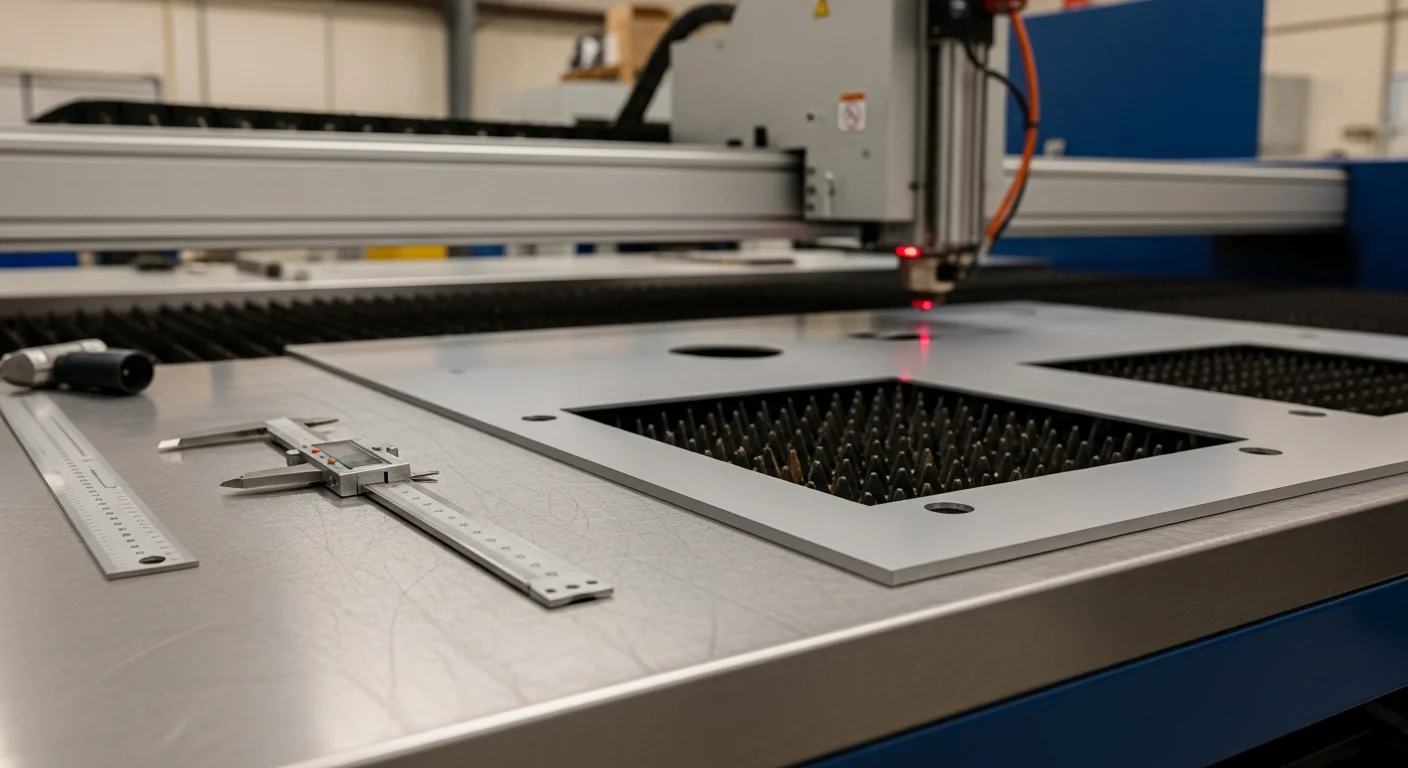 Precision laser cutting machine cutting sheet metal parts at A&J Sheetmetal in Sewells Point, Norfolk, with clean-edged steel components staged on a work table nearby.