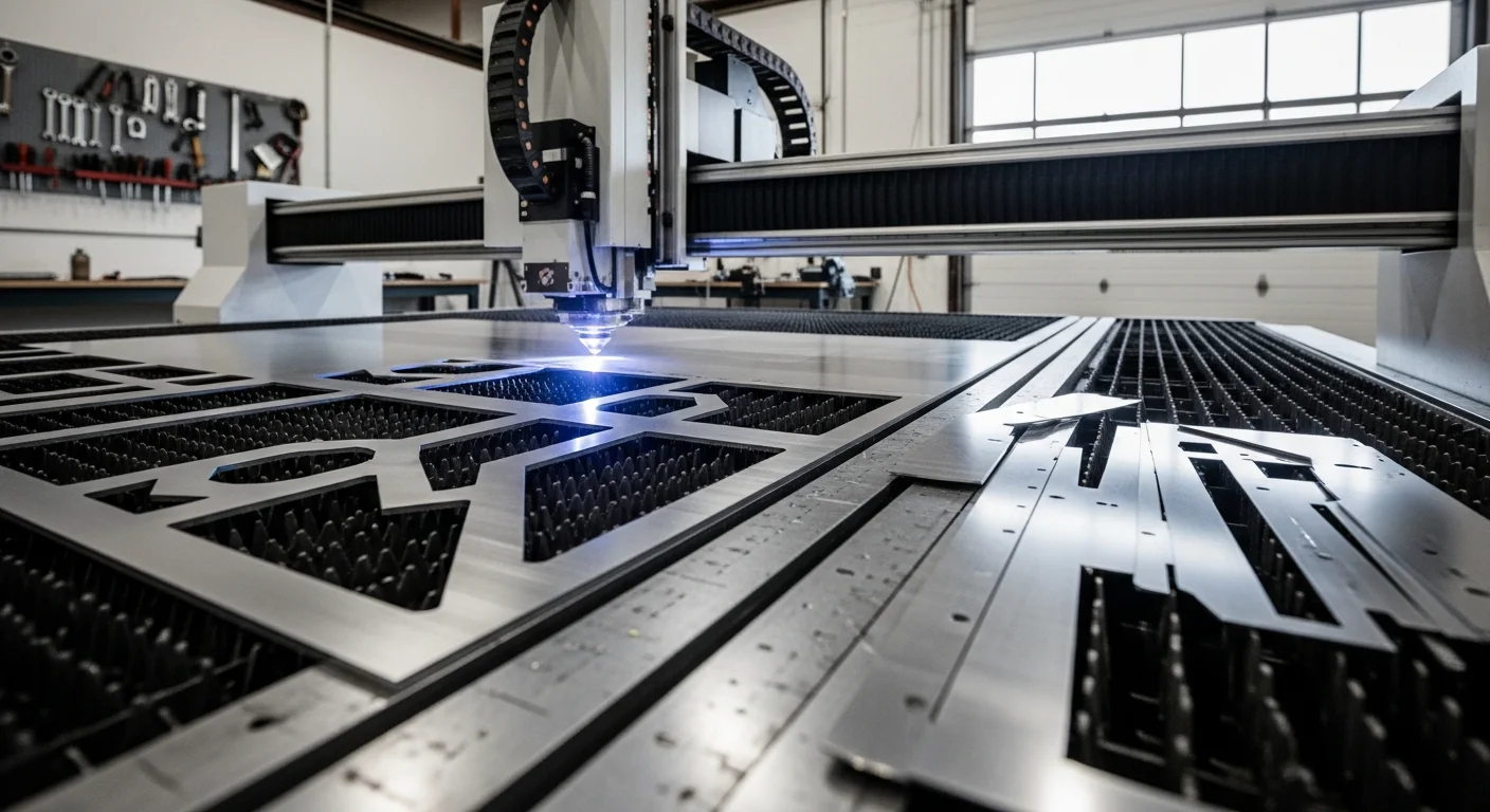 A flat sheet metal part with clean laser-cut edges resting on a fabrication table at a Sewells Point, Norfolk metal cutting shop. The cut profile shows tight corners and smooth edges consistent with precision laser cutting work.