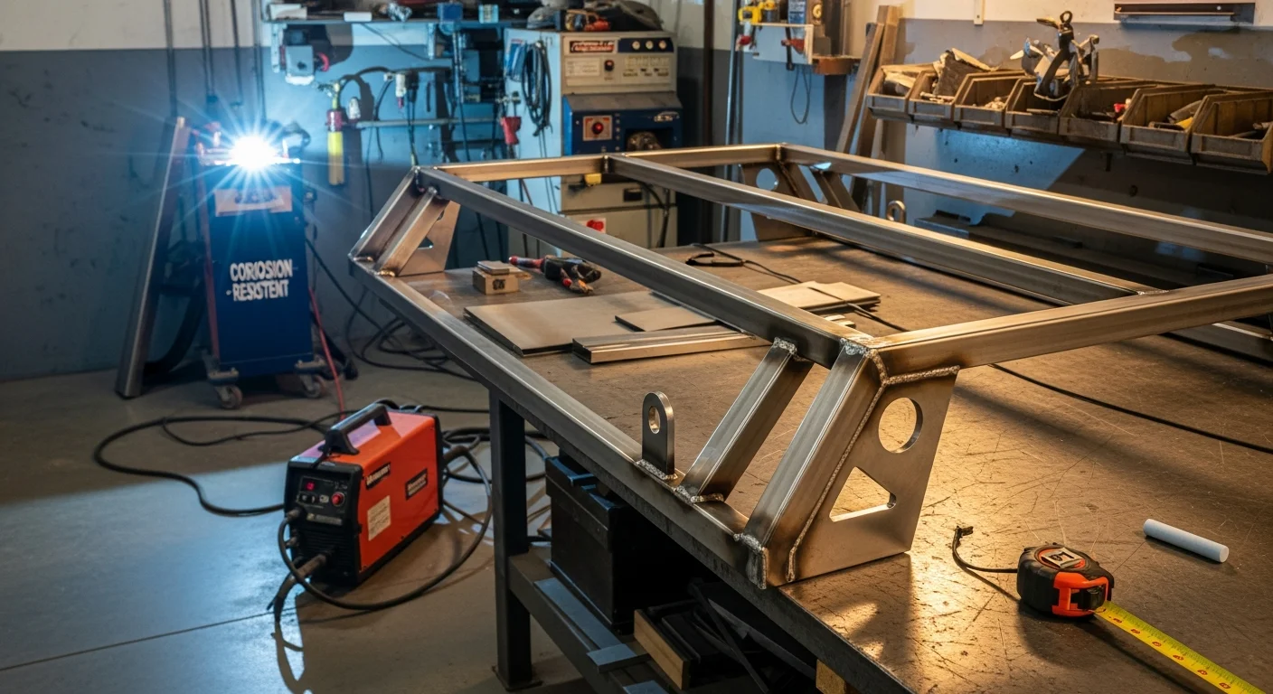 A custom sheet metal roof rack mounted on a work truck, fabricated by A&J Sheetmetal in Sewells Point, Norfolk, Virginia. The rack features welded side rails and integrated tie-down points, with the Hampton Roads waterfront visible in the background.