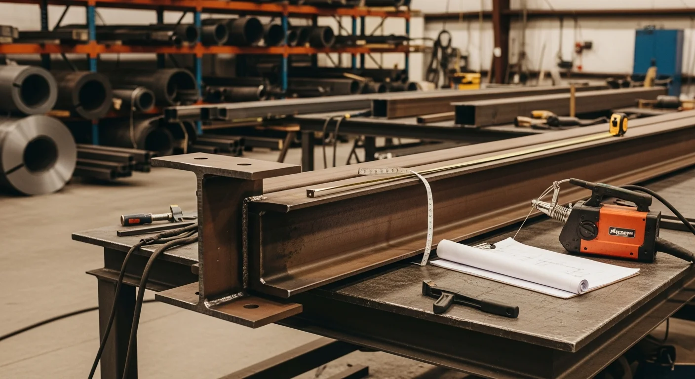 Fabricated structural steel beams and welded column brackets staged in a metal fabrication shop for a commercial project in Sewells Point, Norfolk. Close-up view shows clean weld seams and drilled connection plates ready for site installation.