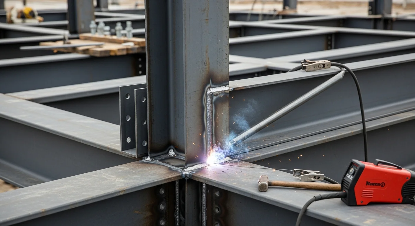 A welder from A&J Sheetmetal completing a structural steel beam connection on a commercial building in Sewells Point, Norfolk, Virginia. The finished weld joint shows clean, full-penetration fusion on a load-bearing steel frame near the coastal waterfront.