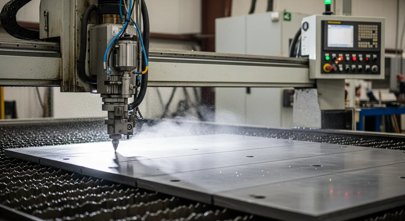 A CNC water jet cutting machine slicing through a flat sheet of metal at an industrial fabrication shop in Sewells Point, Norfolk. The cut produces a clean, precise edge with no visible heat discoloration on the material surface.